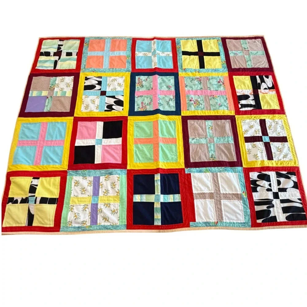 Handmade Patchwork Quilt Multi Color Block Floral Geometric Folk Art APROX 88x72